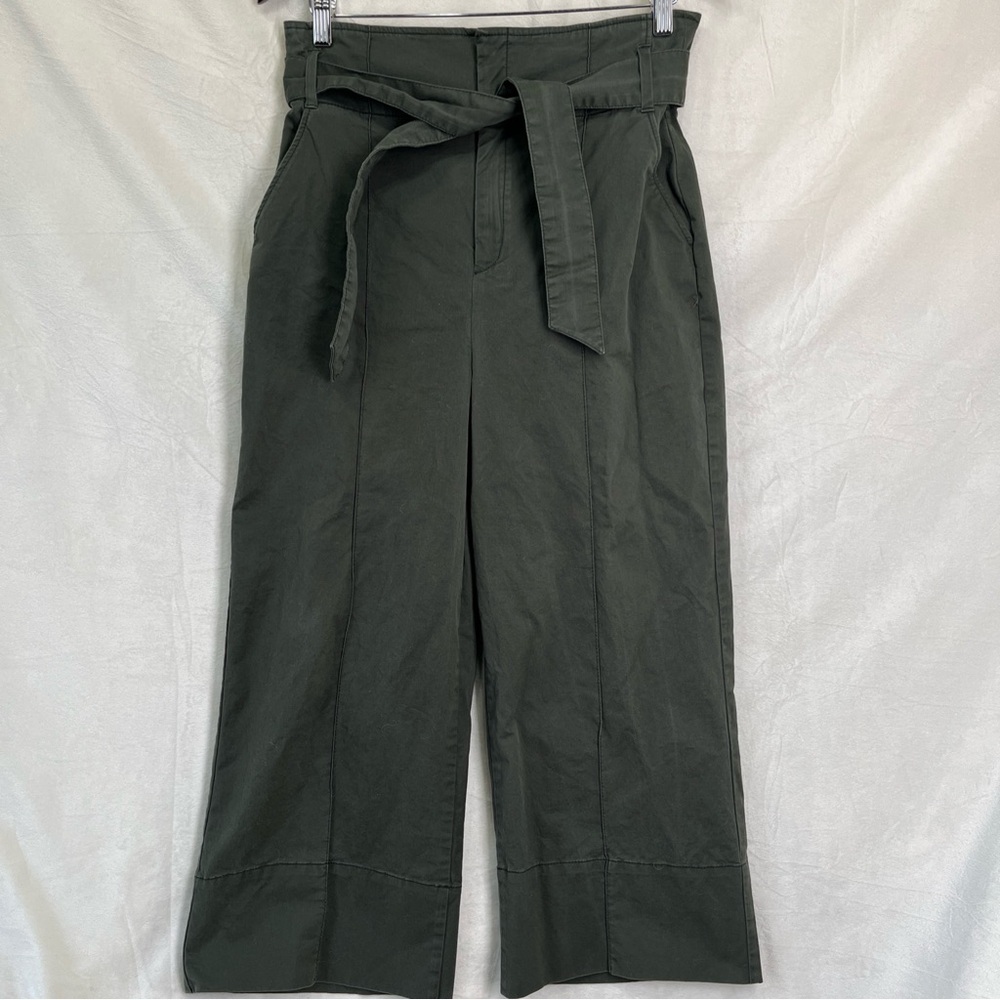 Massimo Dutti Wide Leg Cropped Pants Womens 8 Paperbag Green Belted Culottes